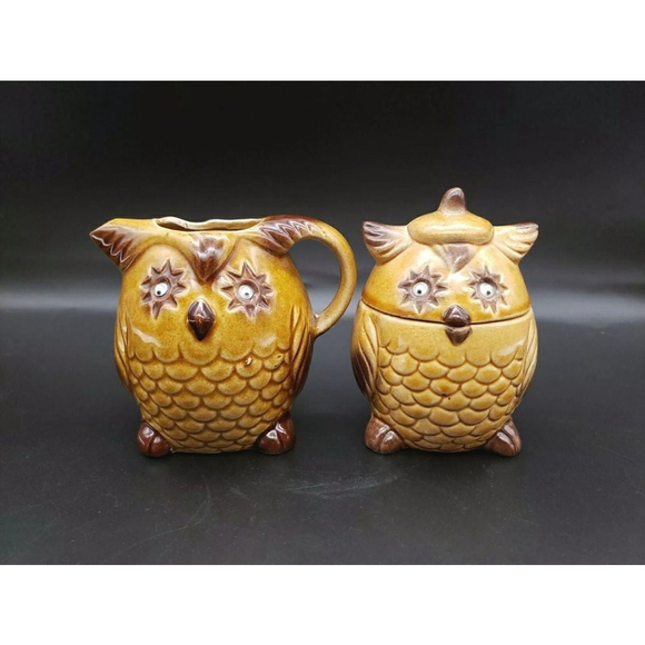 Vintage Owls With Googley Eyes Creamer And Sugar Enterprise Exclusive - Picture 1 of 8